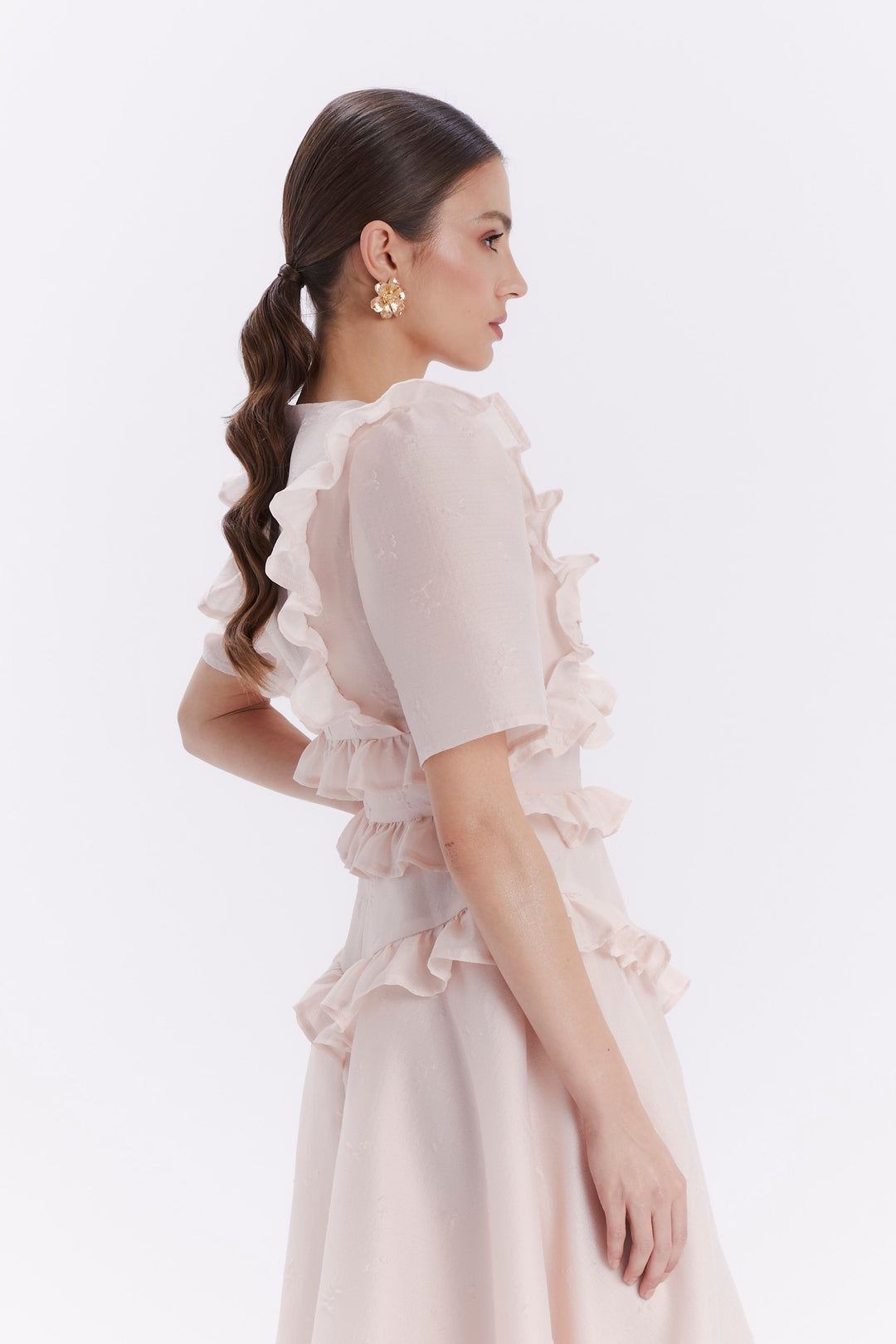 ALEXA MIDI DRESS WITH SLIT AND RUFFLES