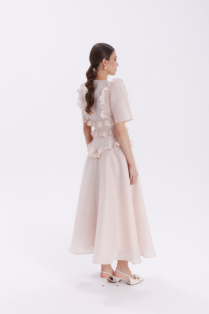 ALEXA MIDI DRESS WITH SLIT AND RUFFLES