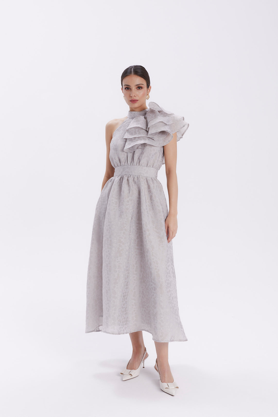 DRESS WITH CASCADING RUFFLE ON THE SHOULDER