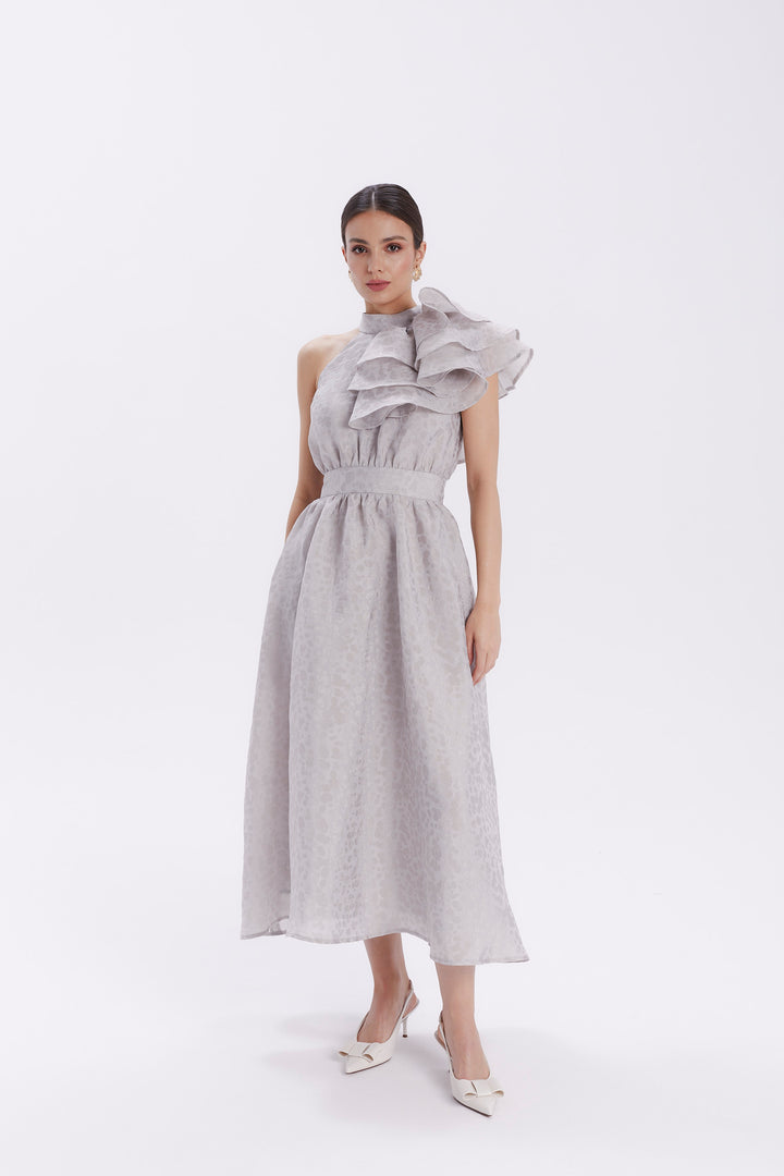 DRESS WITH CASCADING RUFFLE ON THE SHOULDER