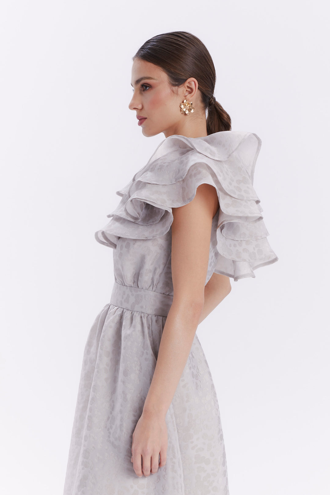 DRESS WITH CASCADING RUFFLE ON THE SHOULDER