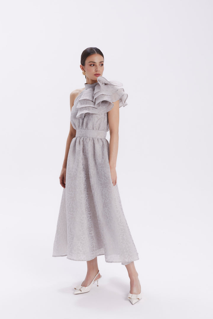 DRESS WITH CASCADING RUFFLE ON THE SHOULDER
