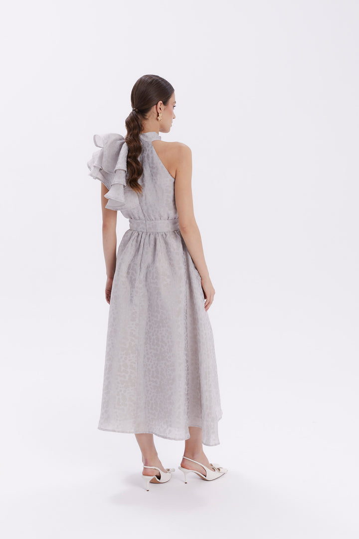 DRESS WITH CASCADING RUFFLE ON THE SHOULDER