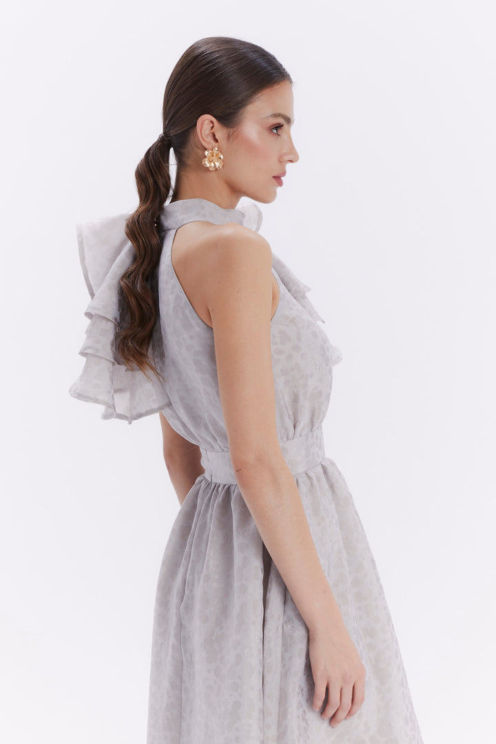 DRESS WITH CASCADING RUFFLE ON THE SHOULDER