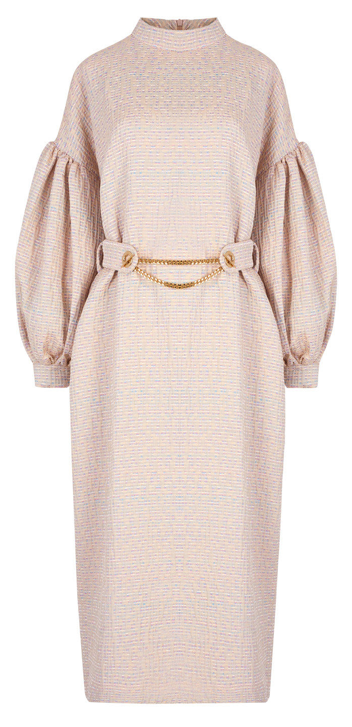 OFF-THE-SHOULDER MIDI DRESS WITH PUFF SLEEVES