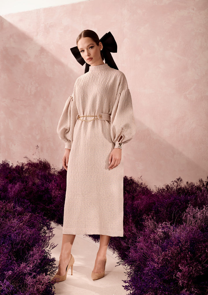 OFF-THE-SHOULDER MIDI DRESS WITH PUFF SLEEVES