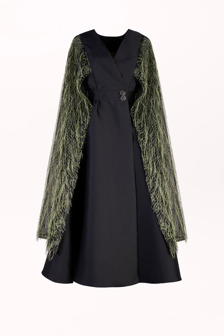 ENVELOPE DRESS WITH A FEATHER CAPE