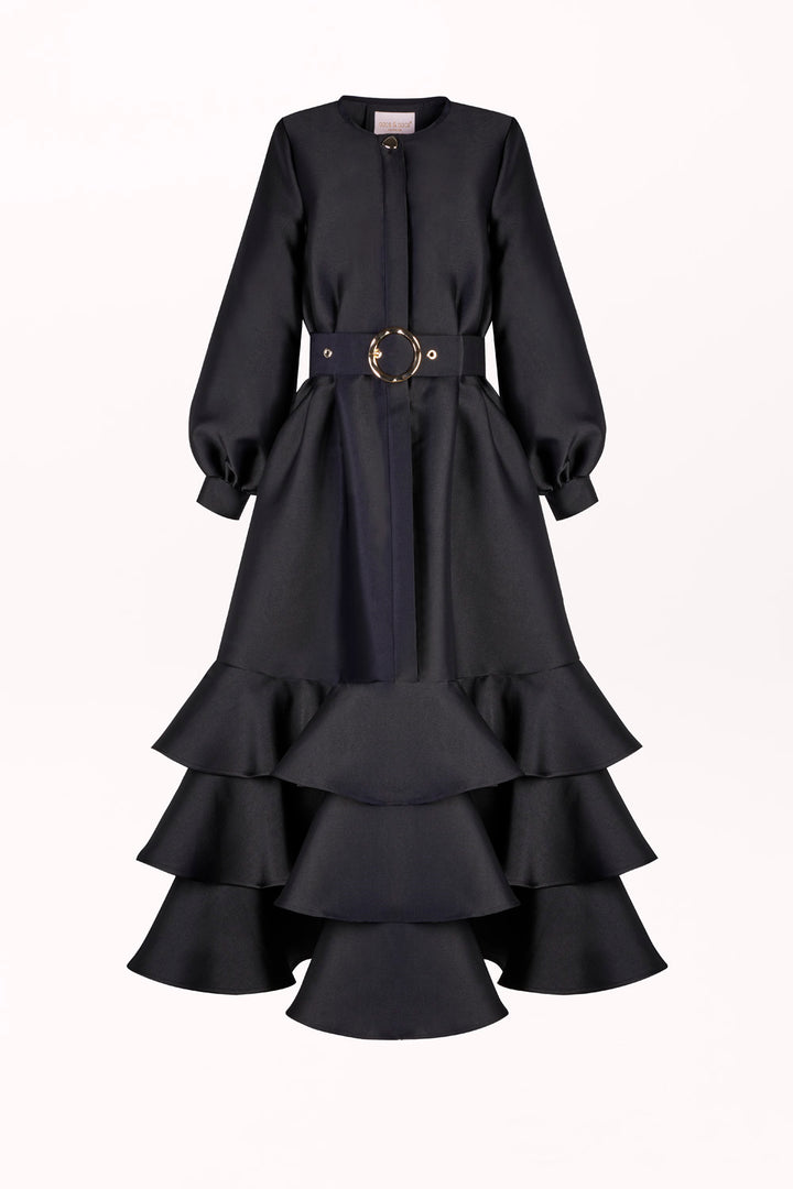 BUTTON-FRONT DRESS WITH RUFFLES AND A WAIST BELT