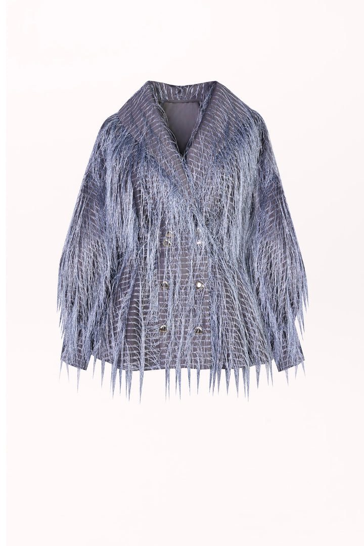 DOUBLE-BREASTED BLOUSE WITH FEATHER-TEXTURED FABRIC