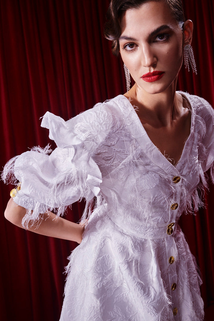 FEATHER-TEXTURED BUTTON-FRONT DRESS