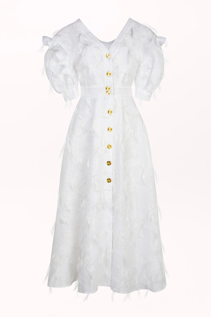FEATHER-TEXTURED BUTTON-FRONT DRESS