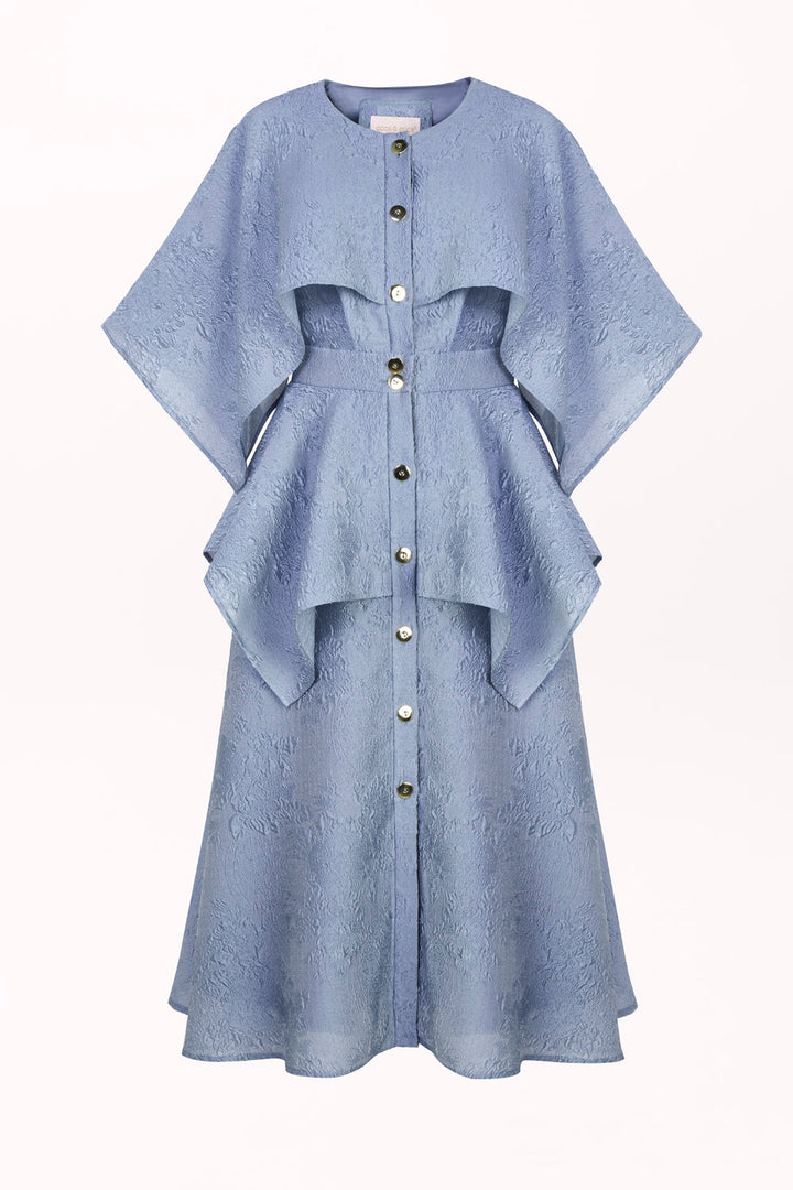 BUTTON-FRONT DRESS WITH ASYMMETRICAL RUFFLES