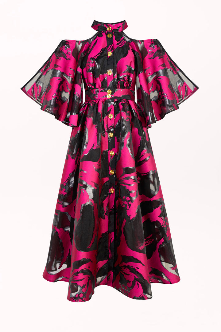 BUTTON-FRONT MIDI DRESS WITH OFF-THE-SHOULDER DESIGN