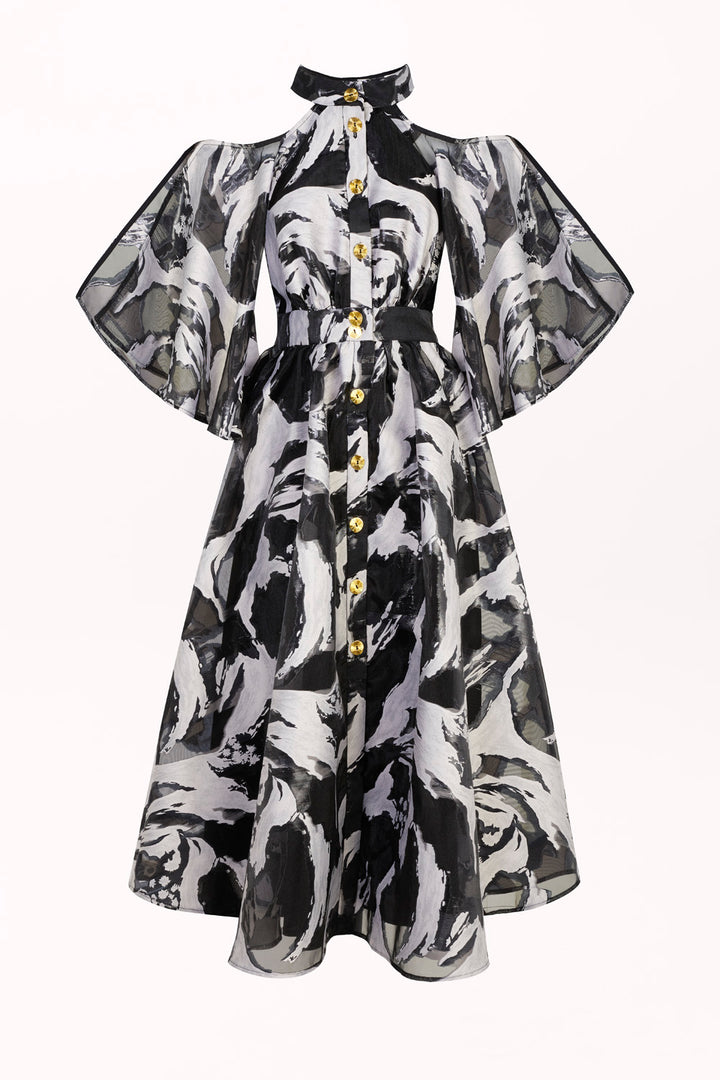 BUTTON-FRONT MIDI DRESS WITH OFF-THE-SHOULDER DESIGN