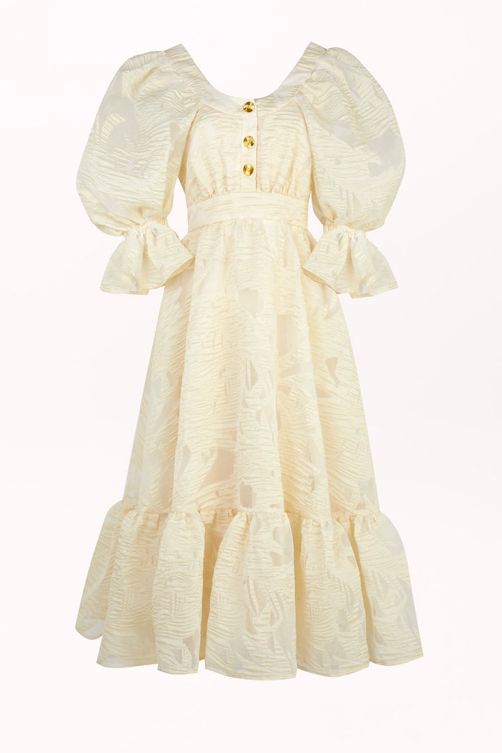 DRESS WITH EMBROIDERED FABRIC AND RUFFLES