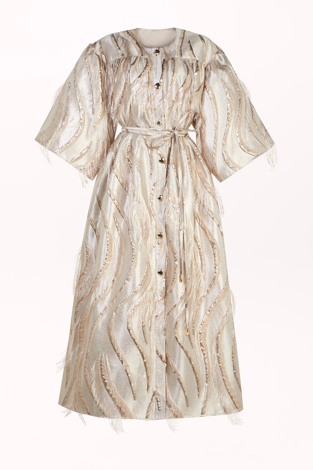 STRAIGHT-CUT BUTTON-FRONT DRESS WITH FEATHER-TEXTURED FABRIC