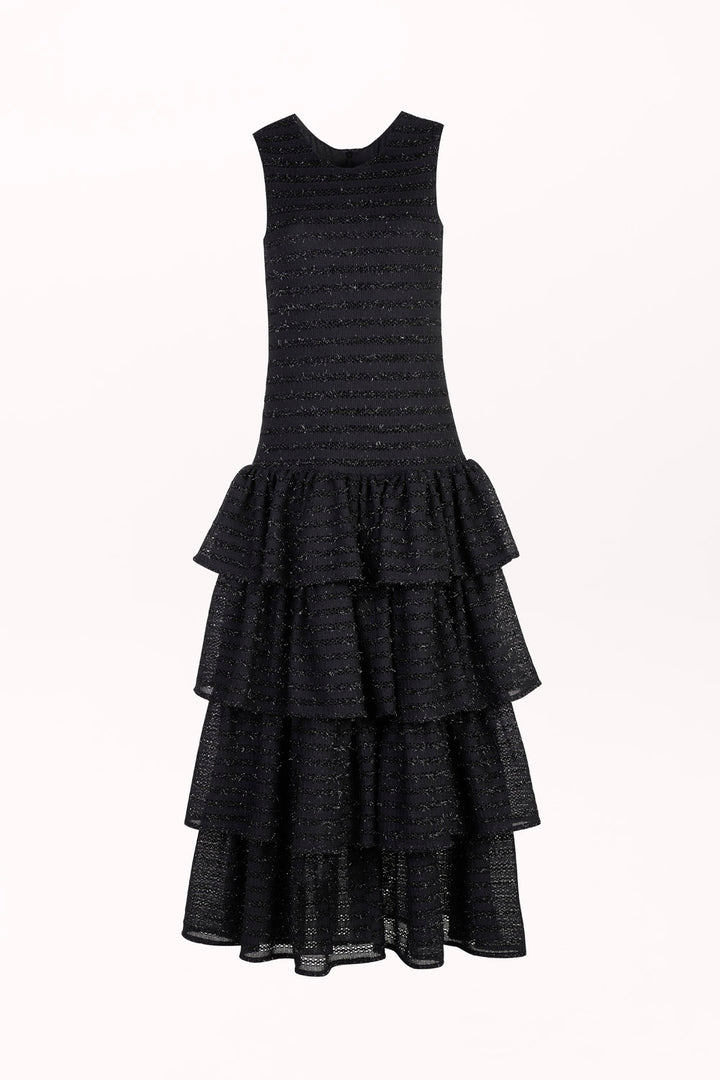 DRESS WITH SHIMMERING THREAD AND CASCADING RUFFLES