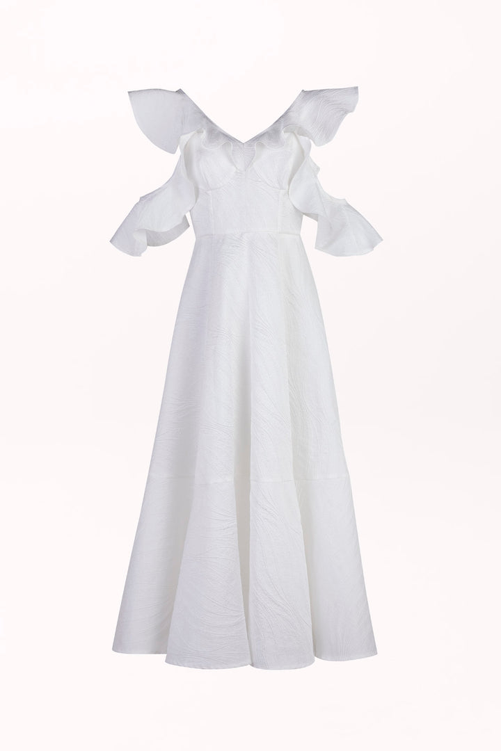 DRESS WITH TEXTURED FABRIC AND BUTTERFLY SLEEVES