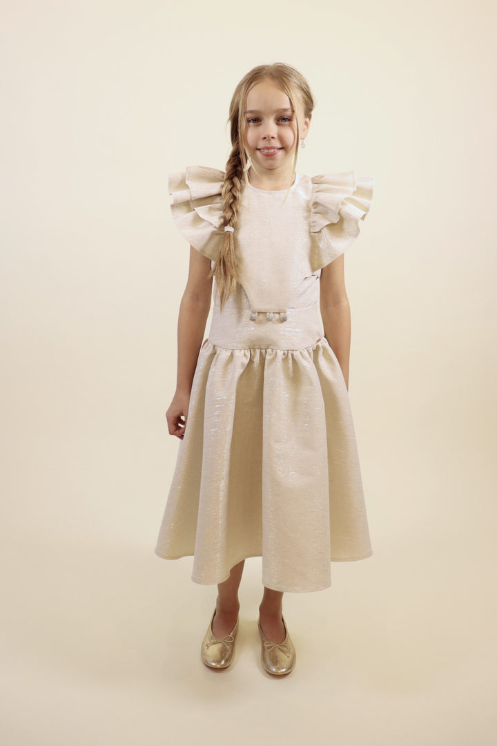 RUFFLED DRESS WITH GOLD BUTTONS