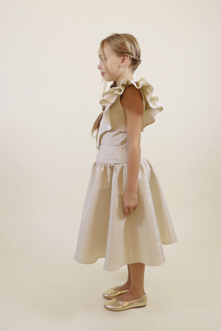 RUFFLED DRESS WITH GOLD BUTTONS