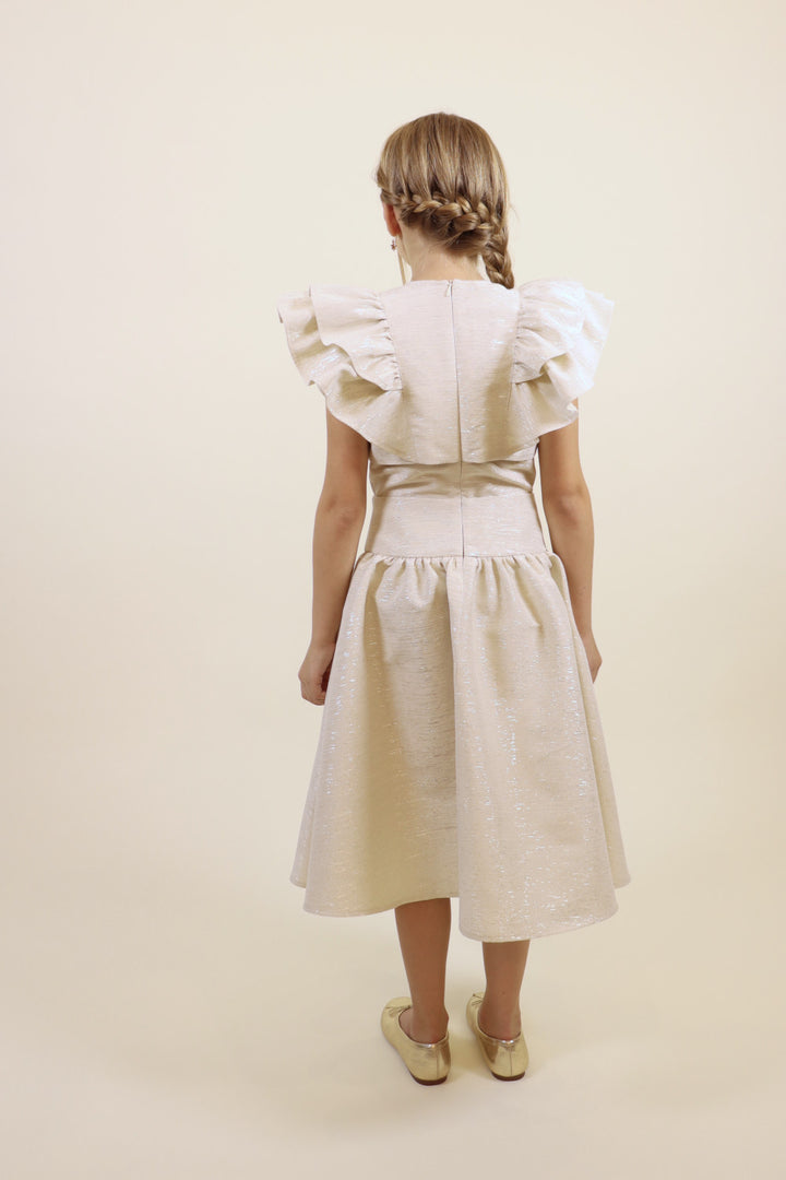RUFFLED DRESS WITH GOLD BUTTONS