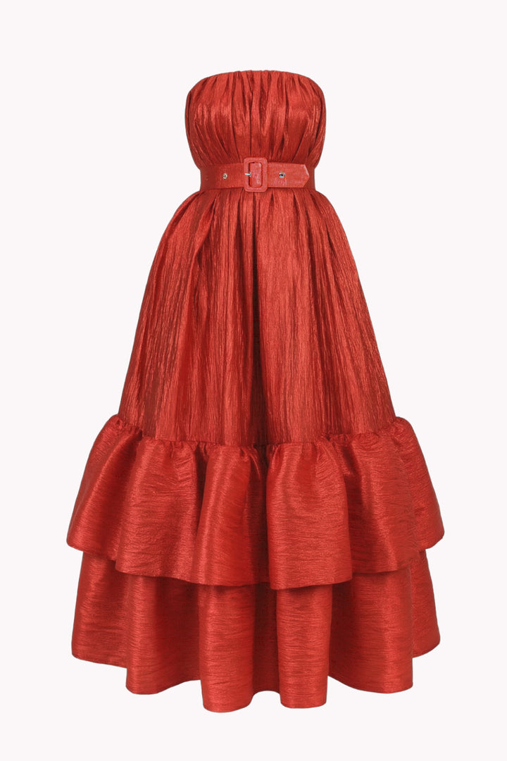 SCARLET MAXI DRESS WITH BARE SHOULDERS AND A COATED BELT