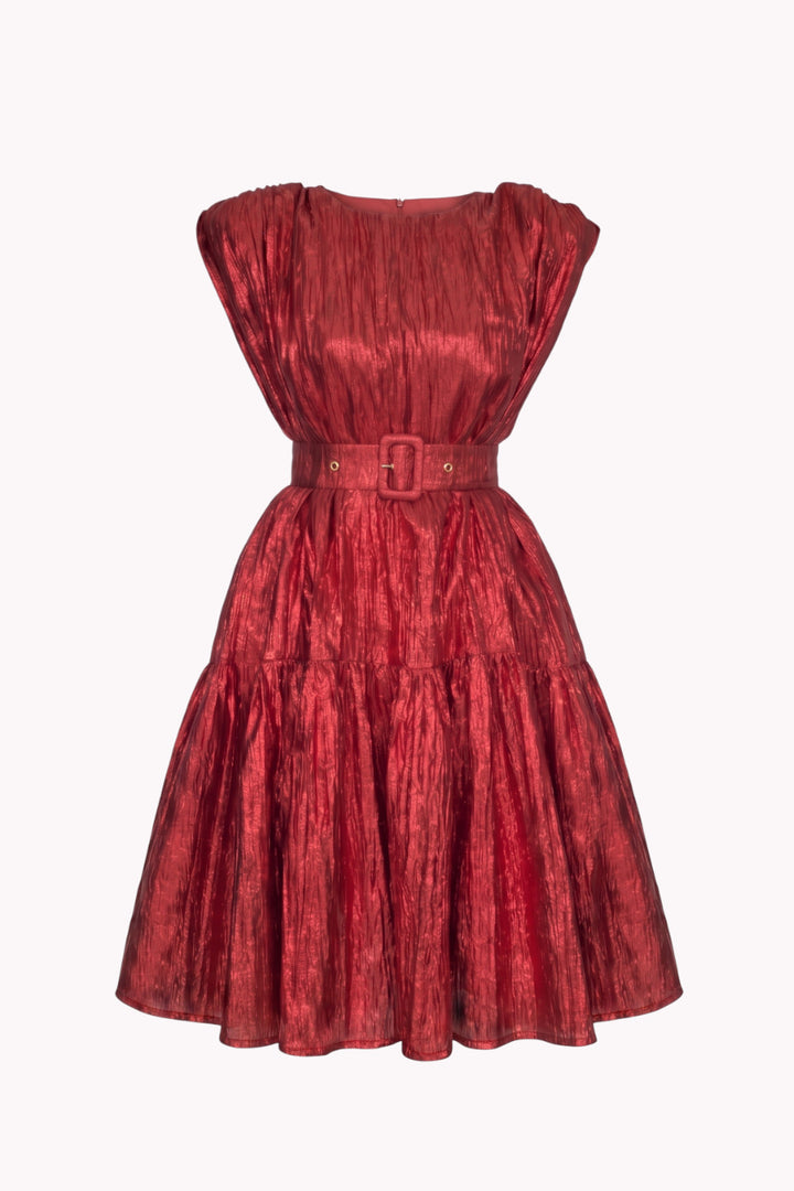 NOEMI FLARED DRESS WITH SHOULDER PADS AND A WAIST BELT
