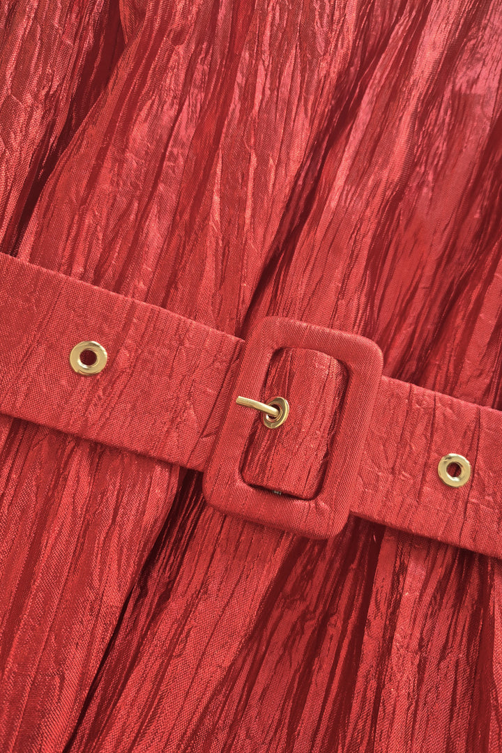 SCARLET MAXI DRESS WITH BARE SHOULDERS AND A COATED BELT
