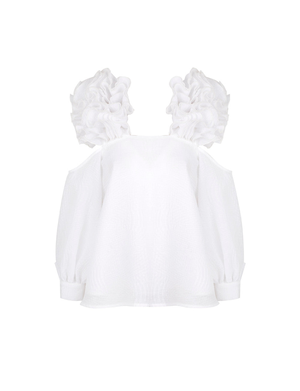 OFF-THE-SHOULDER BLOUSE WITH CASCADING RUFFLES