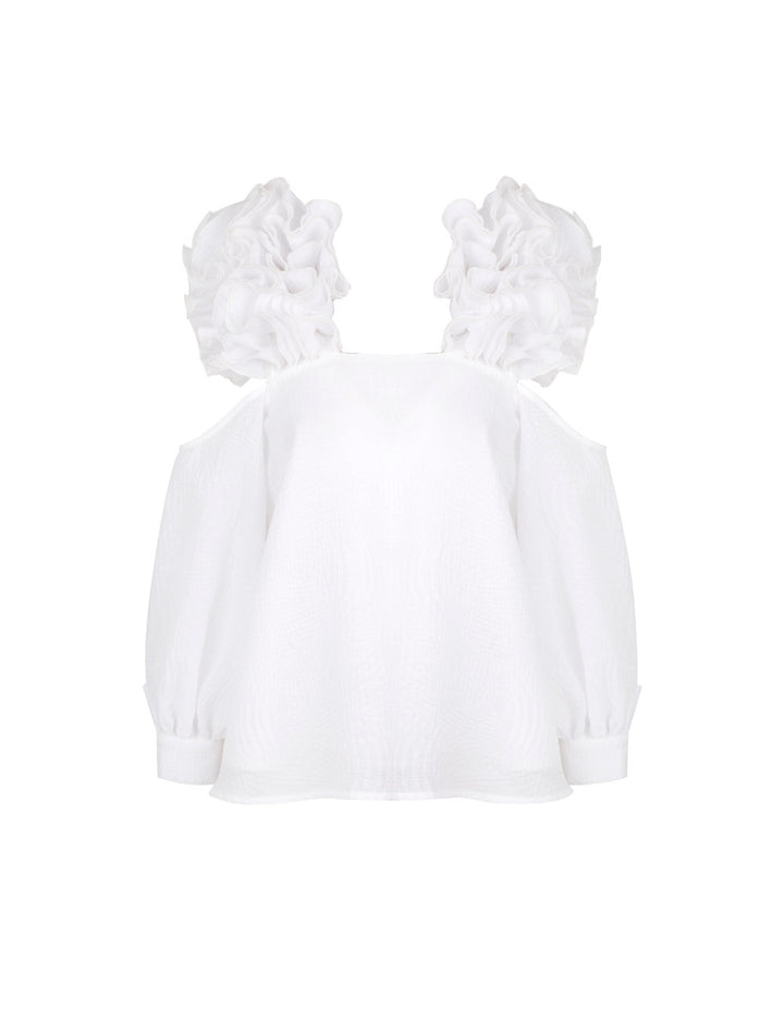 OFF-THE-SHOULDER BLOUSE WITH CASCADING RUFFLES