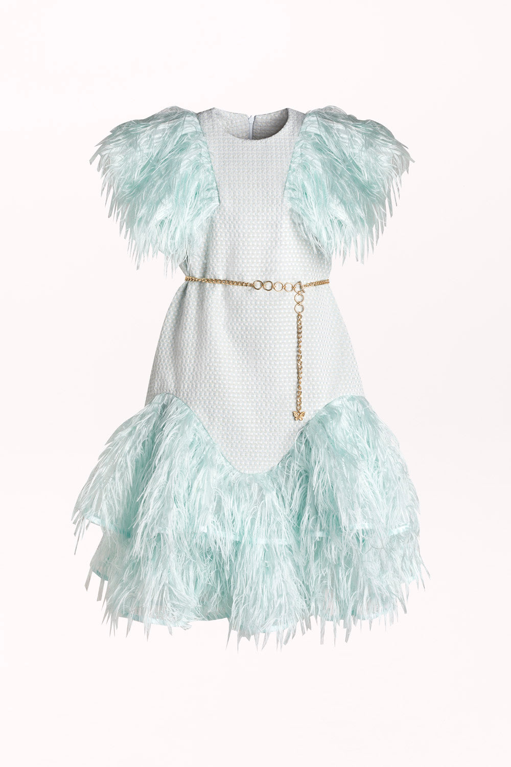 DRESS WITH FEATHER DETAILS AND A GOLD CHAIN BELT