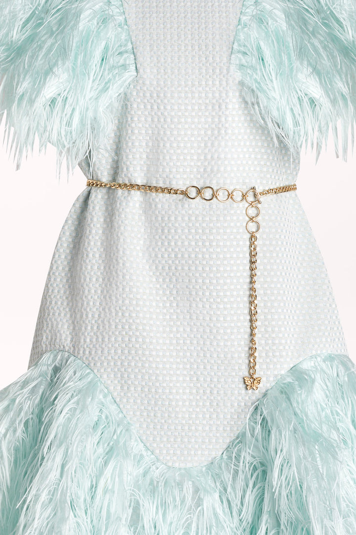 DRESS WITH FEATHER DETAILS AND A GOLD CHAIN BELT