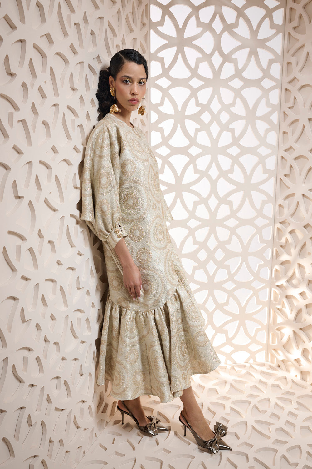 ASYMMETRICAL JACQUARD DRESS WITH A RUFFLE