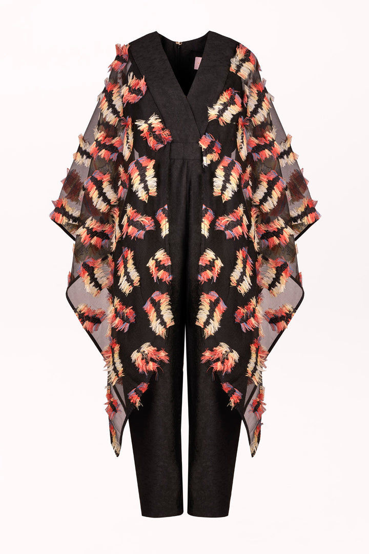 JUMPSUIT WITH WIDE TULLE SLEEVES AND MULTICOLORED FRINGE