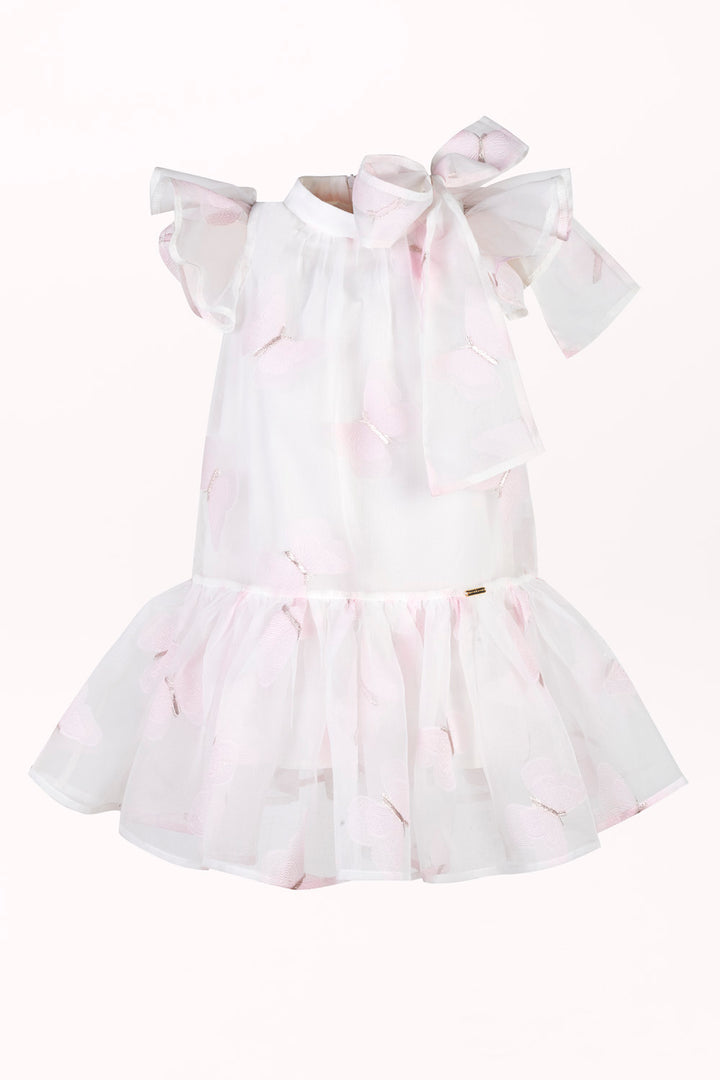 DRESS WITH EMBROIDERED BUTTERFLIES AND A SHOULDER BOW