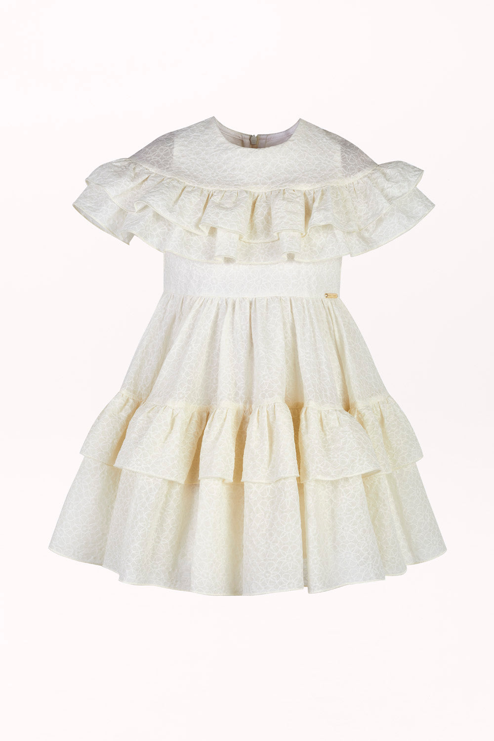 DRESS IN EMBROIDERED FABRIC WITH RUFFLES