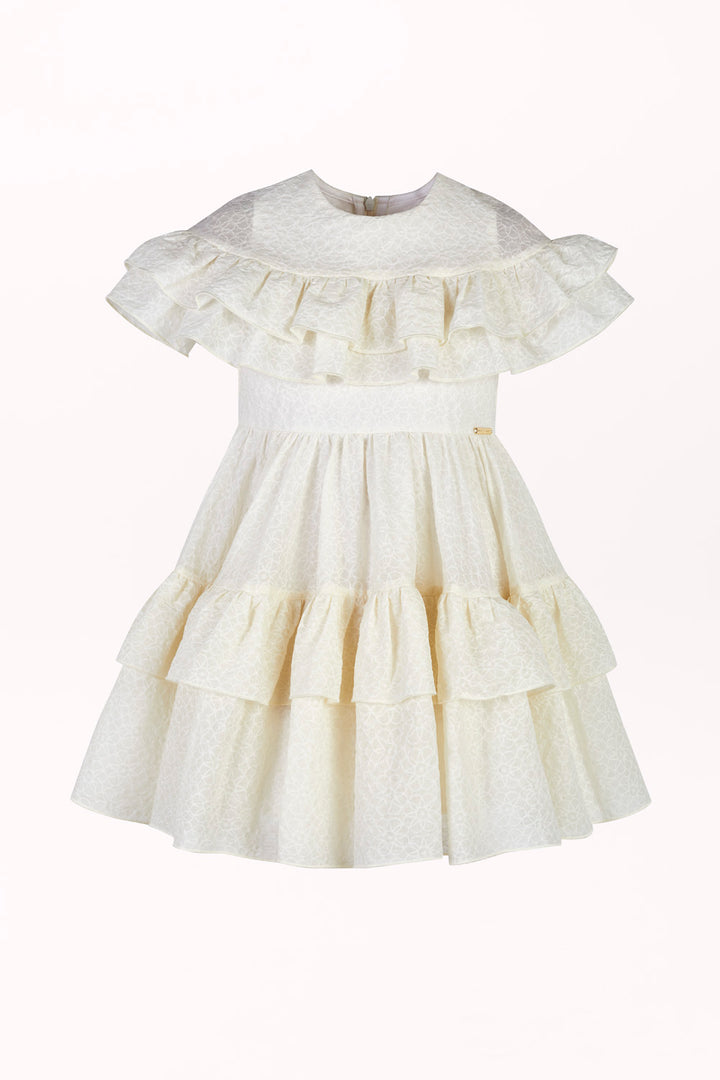 DRESS IN EMBROIDERED FABRIC WITH RUFFLES