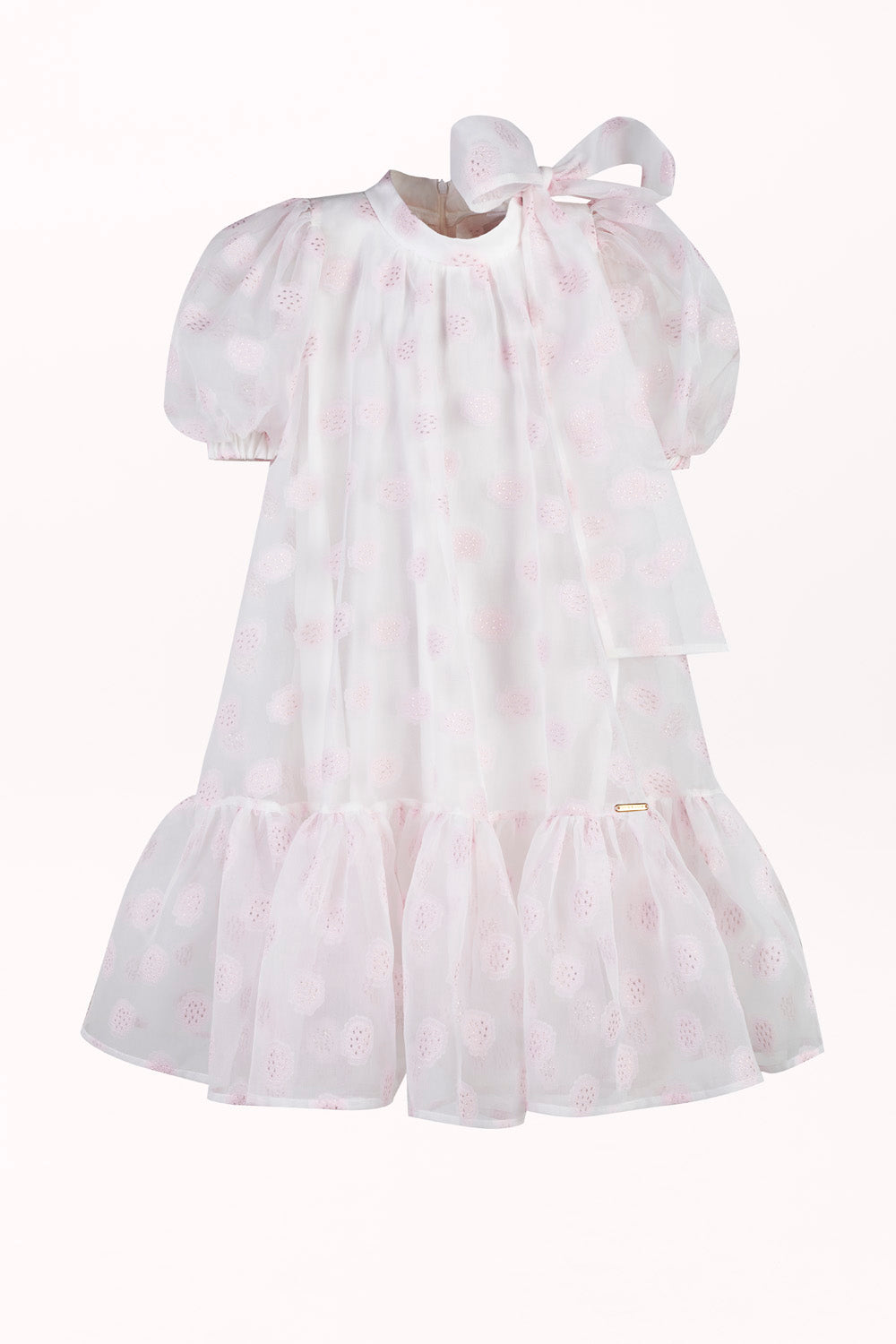 DRESS WITH EMBROIDERED COOKIE MOTIFS AND A SHOULDER BOW