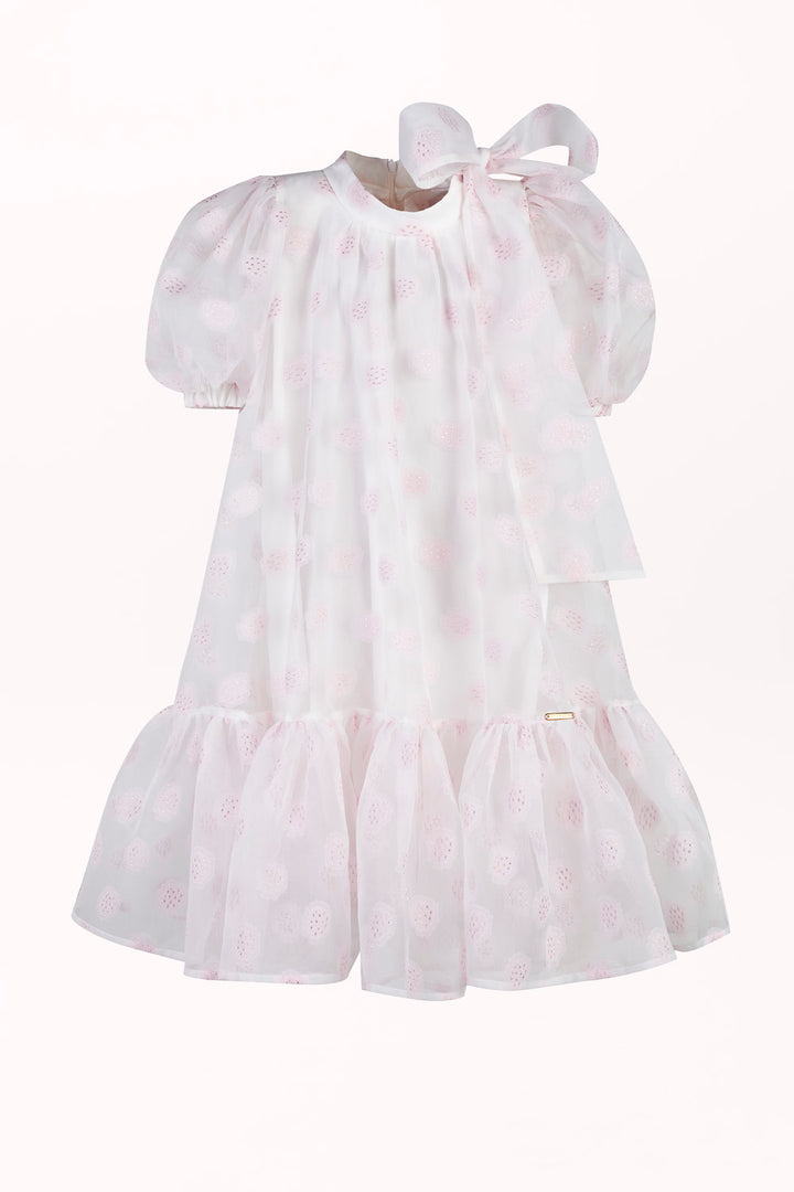 DRESS WITH EMBROIDERED COOKIE MOTIFS AND A SHOULDER BOW