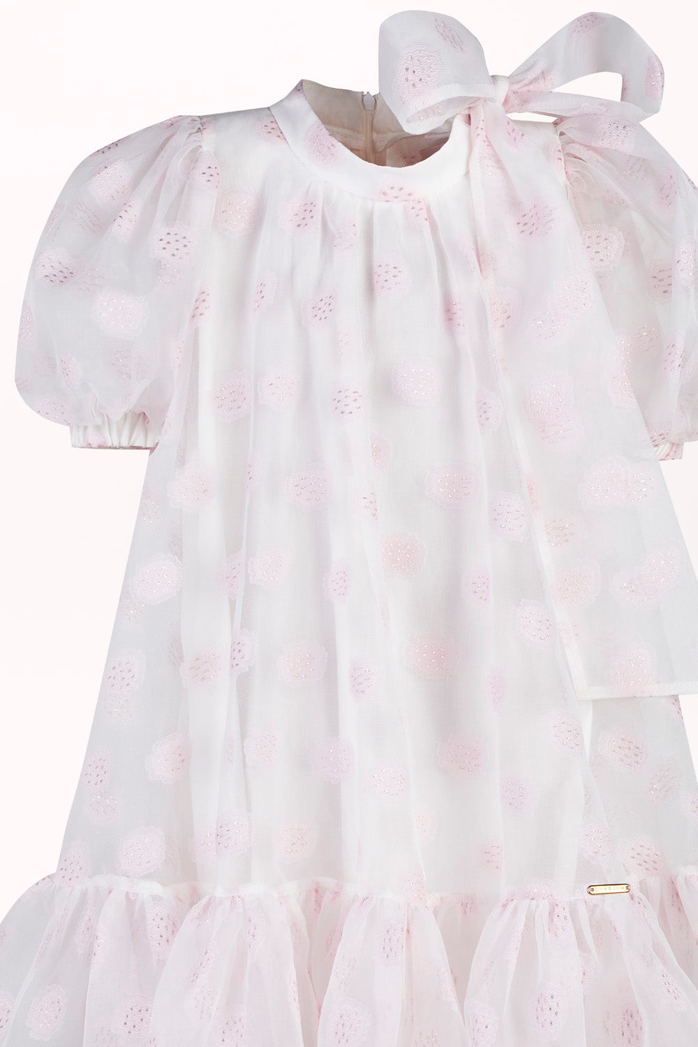DRESS WITH EMBROIDERED COOKIE MOTIFS AND A SHOULDER BOW