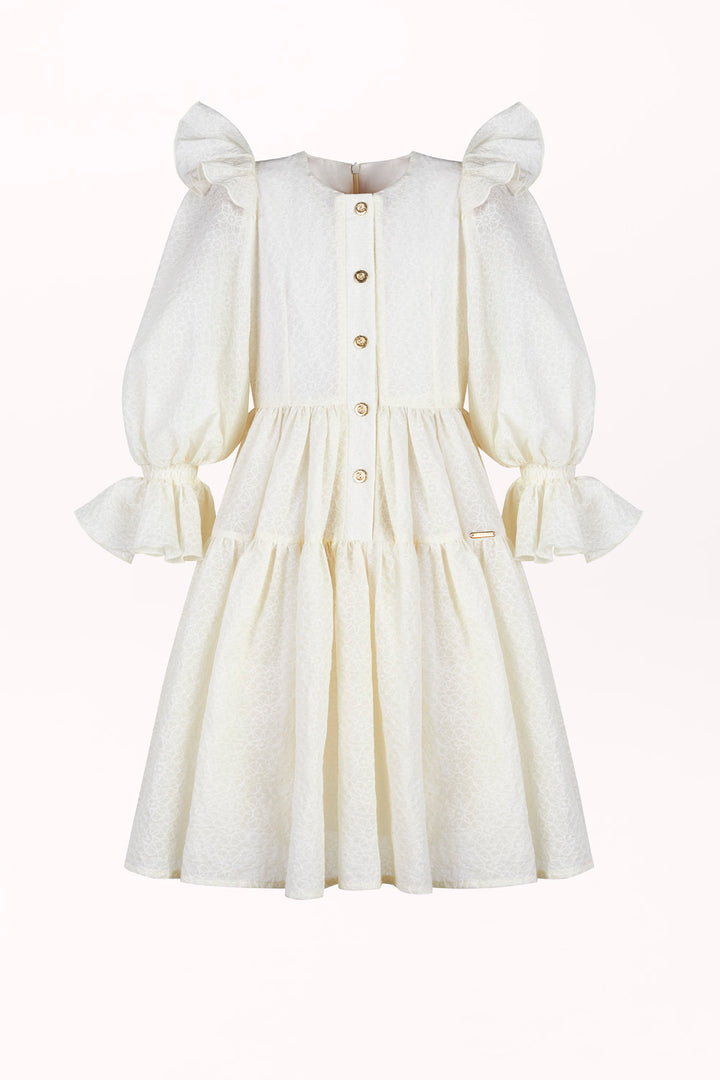 BUTTON-FRONT DRESS WITH PUFF SLEEVES