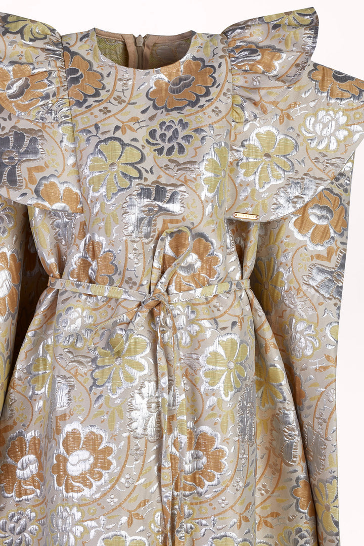 FLORAL JACQUARD DRESS WITH CAPE OVERLAY
