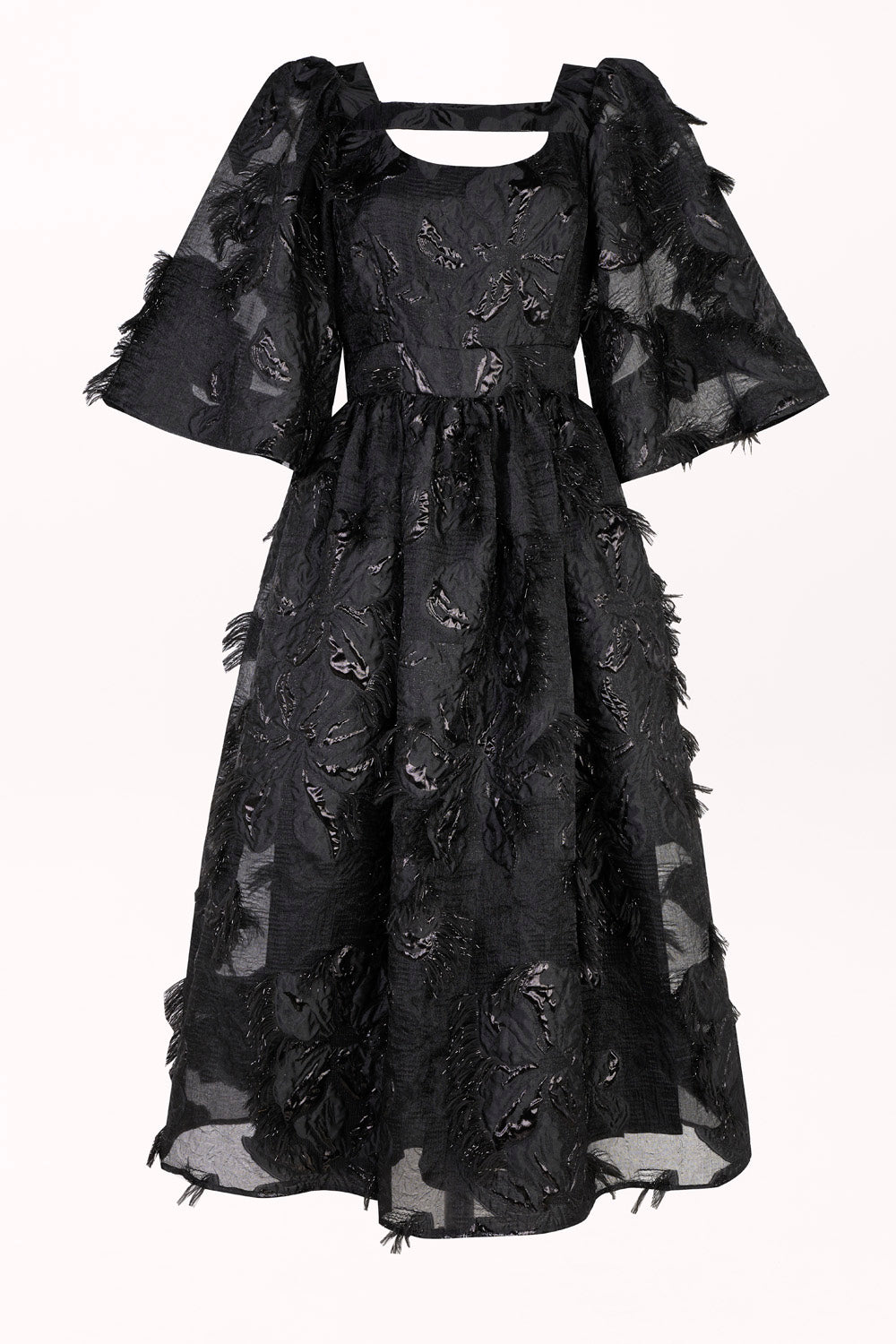 FEATHER-EMBELLISHED DRESS WITH FRONT AND BACK CUT-OUTS
