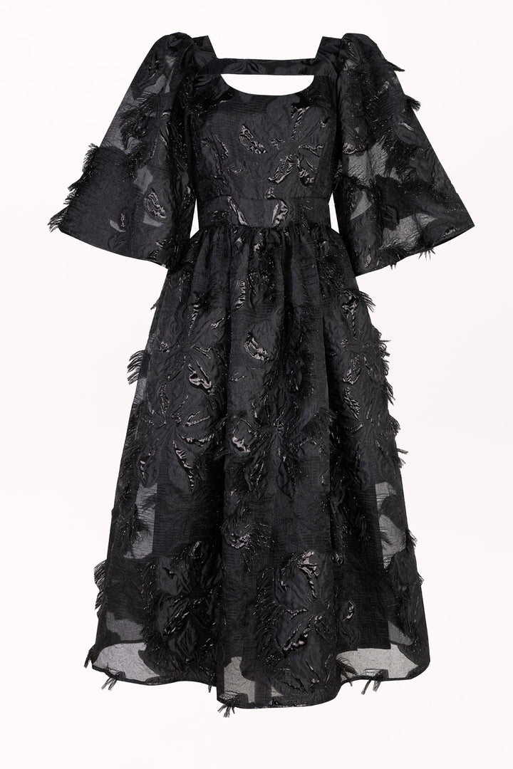 FEATHER-EMBELLISHED DRESS WITH FRONT AND BACK CUT-OUTS