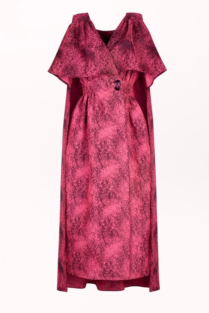 JACQUARD DRESS WITH A CAPE DRAPING DOWN THE BACK