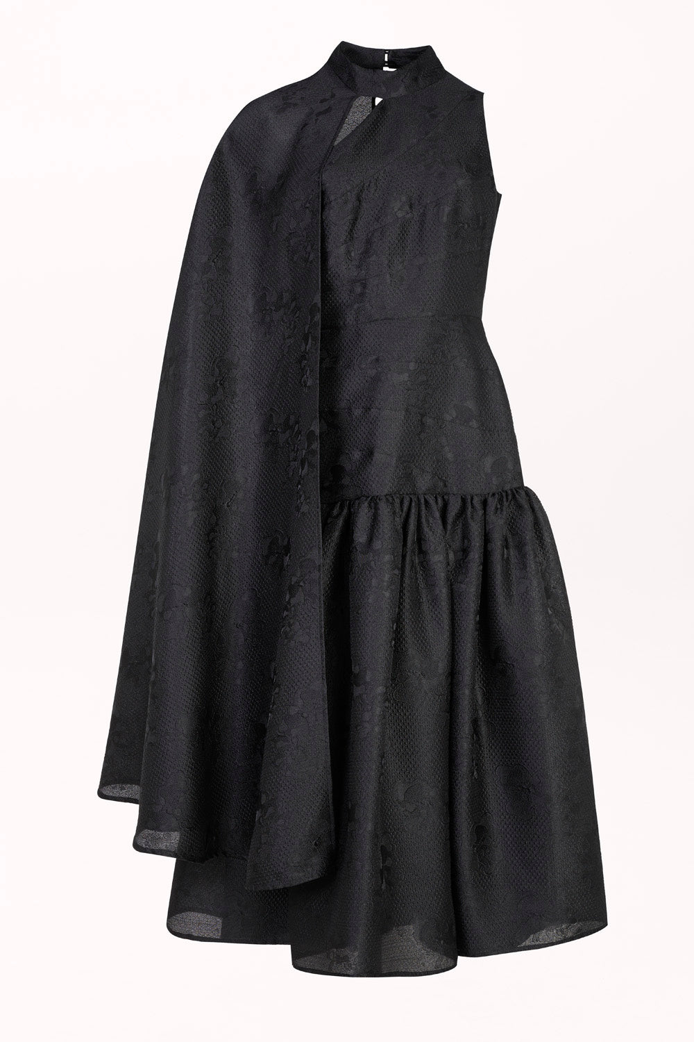 ASYMMETRICAL DRESS WITH CAPE OVERLAY