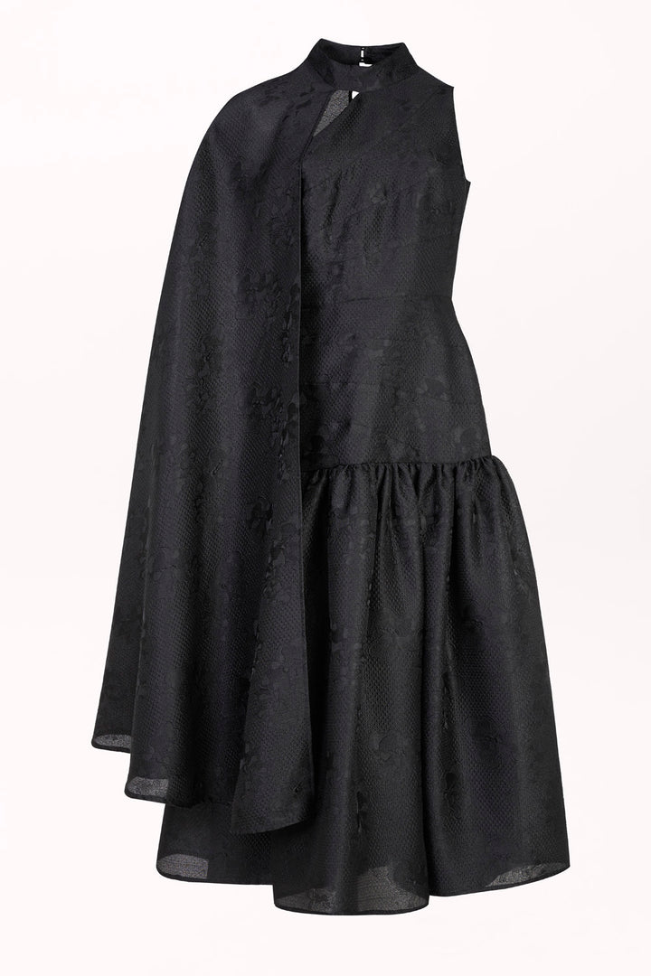 ASYMMETRICAL DRESS WITH CAPE OVERLAY