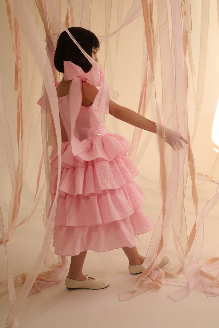 DRESS WITH FRILLS AND BOWS ON THE SHOULDER