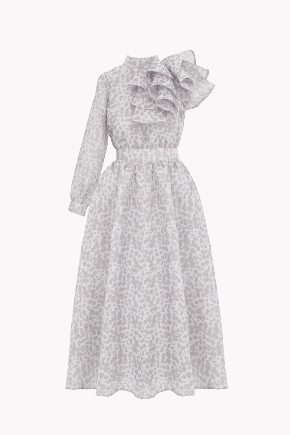 ONE-SLEEVE DRESS WITH A CASCADING RUFFLE ON THE SHOULDER