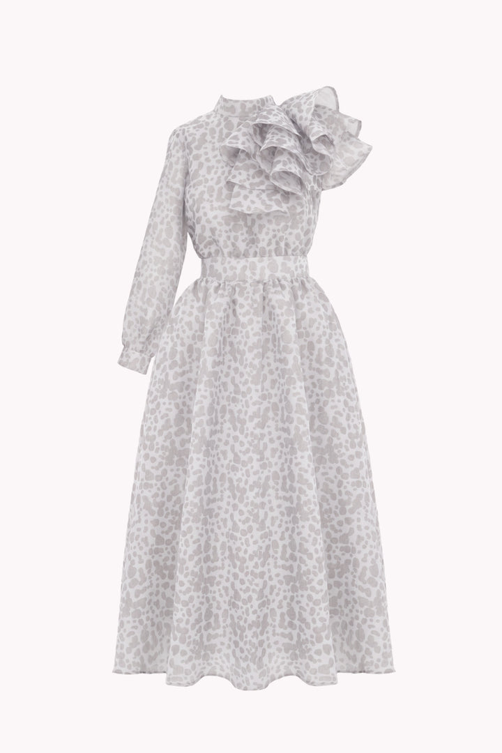 ONE-SLEEVE DRESS WITH A CASCADING RUFFLE ON THE SHOULDER